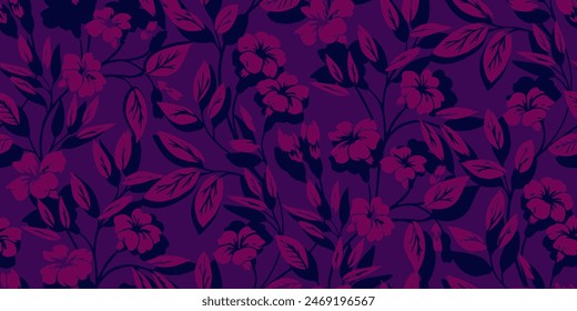 Burgundy silhouettes blooming wild floral stems intertwined in a seamless pattern. Vector hand drawing. Abstract plain botanical printing on a violet background. Nature ornament for textile, fabric