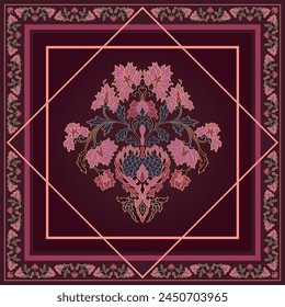 Burgundy silk neck scarf with a flowers. Vector design for a neckerchief, carpet, kerchief, bandana, shawl, tablecloth. Traditional ethnic pattern.