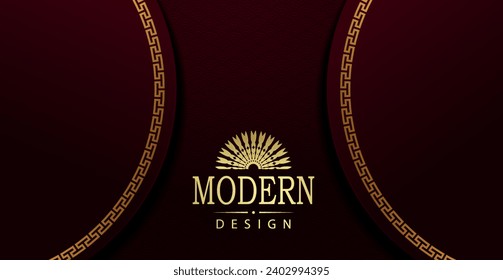 Burgundy texture background, round frame with gold border.