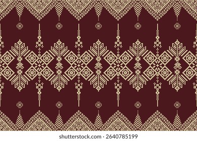 Burgundy Thai Pixel Seamless Pattern. Golden Traditional Ethnic Design. Luxury Design. Inspired by royal textiles, perfect for cultural projects, home decor, and formal fabric designs.