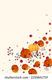 Burgundy Vegetable Background Beige Vector. Pumpkin Drawing. Orange Nature Banner. Pumpkins Border. Green Leaves Pattern Frame.