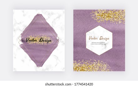 Burgundy watercolor cards with gold glitter texture, confetti and geometric polygonal lines frames. Modern abstract cover design.
