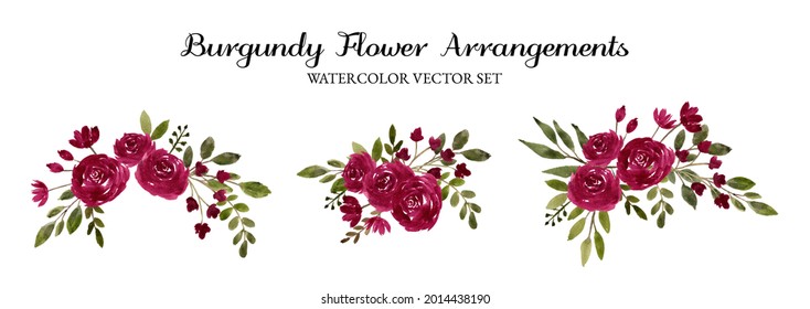 Burgundy Watercolor Flower Arrangement Separated Vector Set