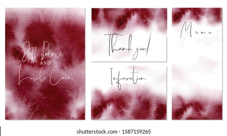 Burgundy wedding set with abstract hand drawn watercolor background. Includes Invitation, information, and thank you cards templates. Vector set