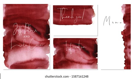 Burgundy wedding set with abstract hand drawn watercolor background. Includes Invitation, information, and thank you cards templates. Vector set