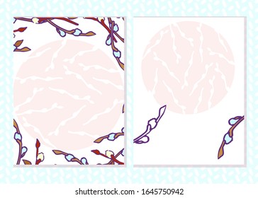 Burgundy weeping willow sprig set. Spring postcard with round copy space for international women's day invitation card. 8 march holiday design print art with blue burgeons. Stock vector illustration