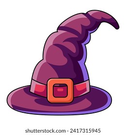 Burgundy wizard hat. Cartoon magic witch hat. Wizard cap for Halloween party costume. Vector cartoon illustration of fantasy old magician or sorceress hat.