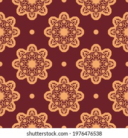 Burgundy and yellow seamless pattern with decorative ornaments. Good for murals, textiles, and printing. 