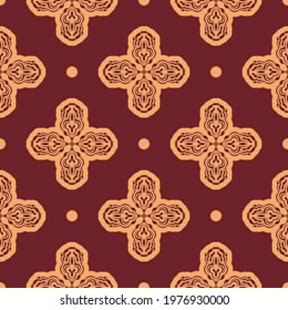 Burgundy and yellow seamless pattern with decorative ornaments. Good for murals, textiles, postcards and prints. 