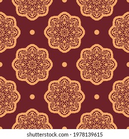 Burgundy and yellow seamless pattern with decorative ornaments. Good for murals, textiles, postcards and prints. Vector illustration.