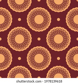 Burgundy and yellow seamless pattern with decorative ornaments. Good for murals, textiles, postcards and prints. Vector 