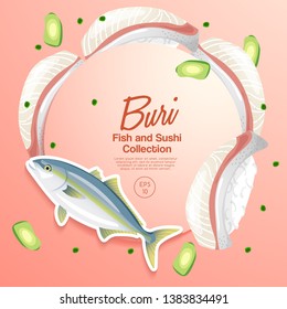 Buri Sushi : Fish and sushi set : Vector Illustration