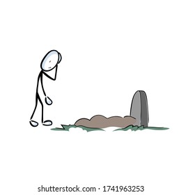 Burial on the graveyard, cemetery. Visiting grave for remembrance. RIP. Hand drawn. Stickman cartoon. Doodle sketch, Vector graphic illustration