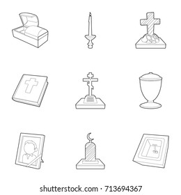 Burial service icons set. Outline set of 9 burial service vector icons for web isolated on white background