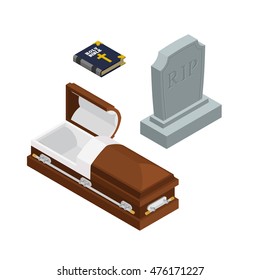 Burial set. Open wood coffin with dead. Holy Bible. Tombstone and grave
