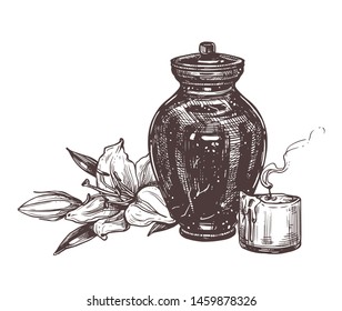 Burial urn with ashes of deceased with white lily flower and extinguished candle. Funeral service vector hand drawn design. Sketch illustration for condolence card. Last farewell for dead person