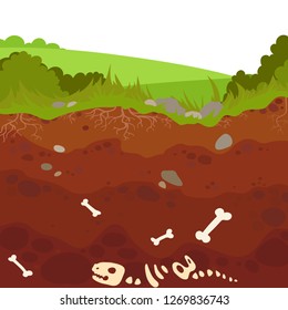  Hueso esqueleto de dinosaurio enterrado en tierra y capa subterránea de arcilla, ilustración de la cartografía vectorial geológica. Huesos arqueológicos en capas de suelo.