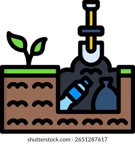 Ícone de lixo enterrado na ilustração do vetor de cor linear