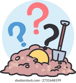 Buried Truth Concept with Question Marks Vector. a mysterious hidden object buried in the ground with a shovel beside it, symbolizing curiosity, mystery, searching for answers, or hidden secrets