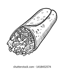 Buritto Drawn Illustration in black on white background - Vector EPS