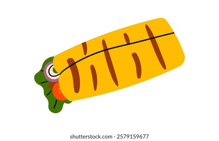 Burittos Mexican food. Favorite portable meal, soft, warm tortilla wrapped with juicy spicy fillings. Vector flat style cartoon illustration isolated on white background