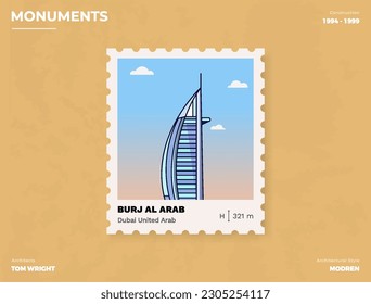 Diseño de boletos de estampado de timbre de monumento árabe Burj Al Arab con diseño de ilustración de vector de información