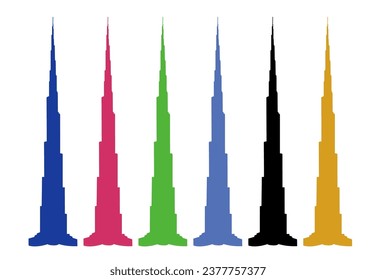 Burj Khalifa Dubai building vector icons in six color.