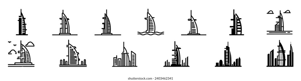 Burj Khalifa icon. Burj Khalifa tower icon. UAE Dubai symbol. burj-al-arab icon. building. skyscraper vector, Dubai  landmark icons, Burj Al Arab icon, Burj Al-Arab icons