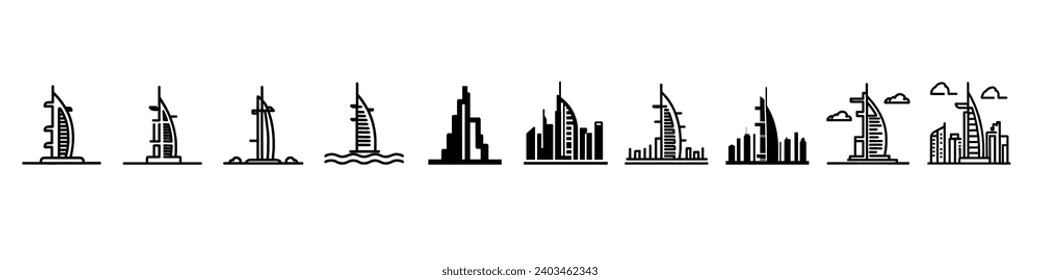 Burj Khalifa icon. Burj Khalifa tower icon. UAE Dubai symbol. burj-al-arab icon. building. skyscraper vector, Dubai  landmark icons, Burj Al Arab icon, Burj Al-Arab icons