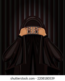 Burka is like a prison.  Arab muslim woman in burqa breaks the cage from an iron grate, vector illustration