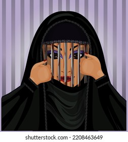 Burka is like a prison. Arab muslim woman in burqa breaks the cage from an iron grate, background vector illustration