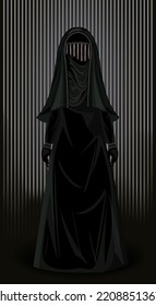 Burka Is Like A Prison. Muslim Woman In Burqa Metal Prison Bars, Banner Vector Illustration