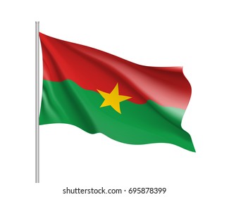 Burkina Faco flag. Illustration of African country waving flag on flagpole. Vector 3d icon isolated on white background. Realistic illustration