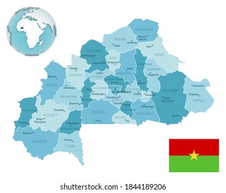 Burkina Faso administrative blue-green map with country flag and location on a globe. Vector illustration