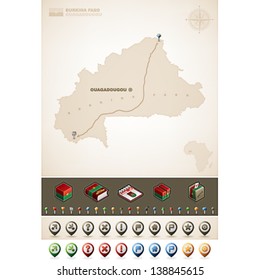 Burkina Faso and Africa maps, plus extra set of isometric icons & cartography symbols set