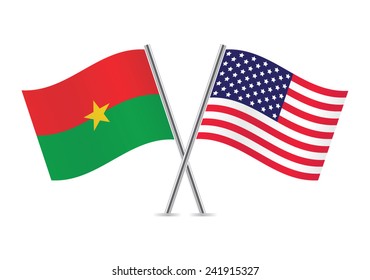 Burkina Faso and America crossed flags. Burkinabe and American flags, isolated on white background. Vector icon set. Vector illustration.