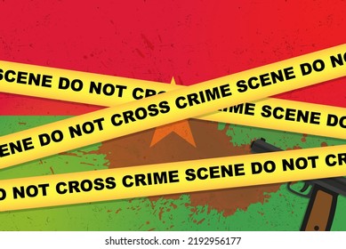 Burkina Faso Armed Attack Vector Banner, Shooting News Concept, Armed Assault With Gun And Blood Stain On Burkina Faso Flag, Yellow Police Tape, Crime Scene Composition, Top View, Flat Design