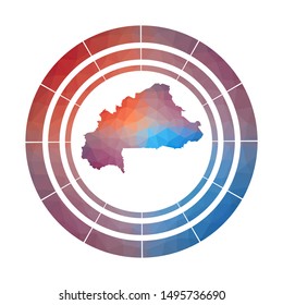Burkina Faso badge. Bright gradient logo of country in low poly style. Multicolored Burkina Faso rounded sign with map in geometric style for your infographics.