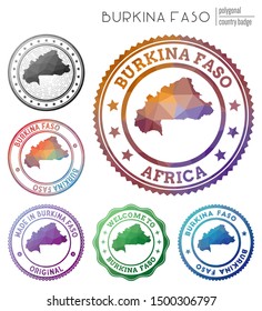 Burkina Faso badge. Colorful polygonal country symbol. Multicolored geometric Burkina Faso logos set. Vector illustration.