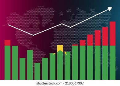 Burkina Faso bar chart graph with ups and downs, increasing values, Burkina Faso country flag on bar graph, upward rising arrow on data, news banner idea, developing country concept