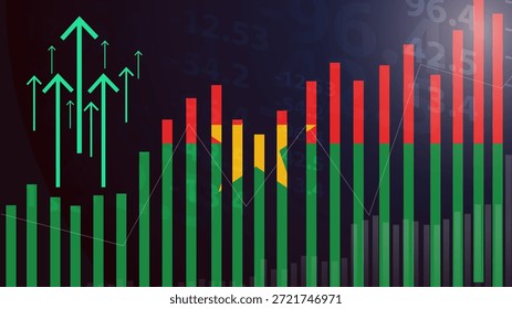 Gráfico de barras de Burkina Faso con altibajos, valores crecientes, Bandera de país de Burkina Faso en el gráfico de barras, flecha ascendente hacia arriba en los datos, idea de Anuncio de noticias, concepto de país en desarrollo
