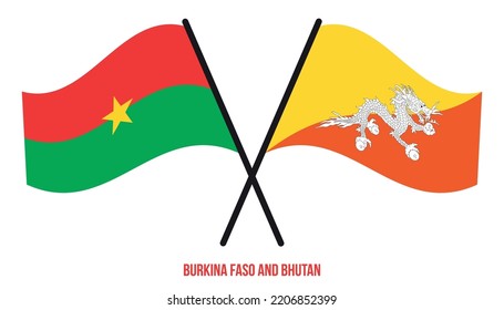 Burkina Faso and Bhutan Flags Crossed And Waving Flat Style. Official Proportion. Correct Colors.