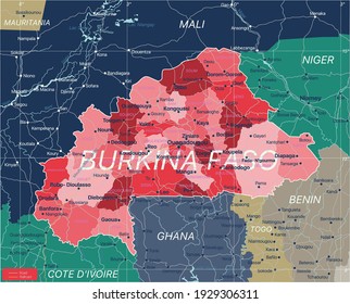 Burkina Faso country detailed editable map with regions cities and towns, roads and railways, geographic sites. Vector EPS-10 file