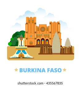 Burkina Faso country flat cartoon style historic sight web vector illustration. World vacation travel Africa African collection. Ouagadougou Cathedral Grand Mosque Bobo Dioulasso Monument to Martyrs.