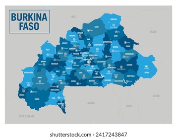 Burkina Faso country political map. Africa. Detailed vector illustration with isolated provinces, departments, regions, cities, and states easy to ungroup.