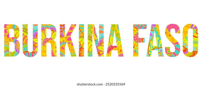 Burkina Faso creative country name text design filled with colorful doodle pattern	