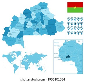 Burkina Faso detailed administrative blue map with country flag and location on the world map.