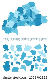 Burkina Faso - detailed map of the country in blue colors, divided into regions. Infographic icons. Vector illustration.