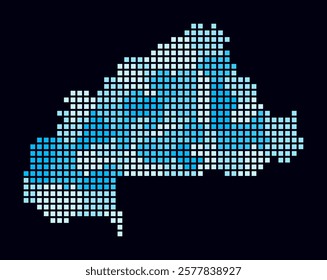 Burkina Faso dotted map. Digital style map of the country on dark background. Burkina Faso shape with square dots. Colored dots style. Large size squares. Abstract vector illustration.