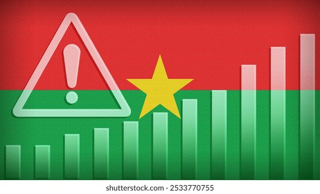 Burkina Faso flag with burlap texture, warning sign, and rising bar chart symbolizing increasing risk or growth challenges in the country. Ideal for data presentations.